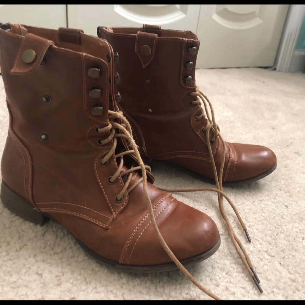 brown faux leather combat boots